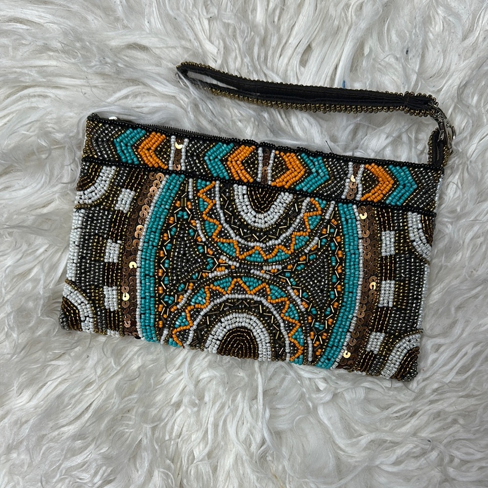 Hand-Beaded Turquoise & Orange Wristlet Clutch